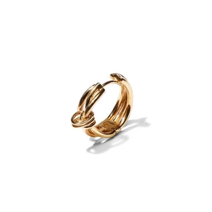 Detailed view of gold multi-layered twisted metal hoop earrings with elegant texture