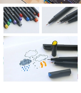 Macro detail of 0.4mm fine line pens showing precise metal tips and colorful liners