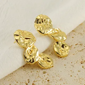 French Vintage Irregular Petal Stud Earrings Stainless Steel 18K Gold Plated Wrinkled Hammered Texture For Women