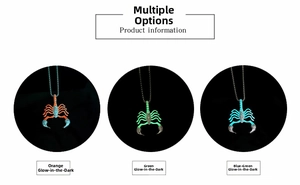 Luminous scorpion necklaces showing orange, green and blue-green glow effects in dark