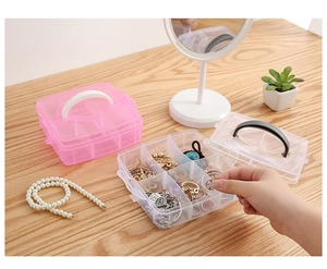 Multi-layer plastic jewelry box with handle and dividers for earrings and necklaces