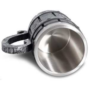 Detail of Viking beer mug featuring wood barrel texture with stainless steel interior