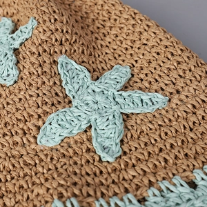 Handmade straw bucket hat with starfish embroidery for summer beach sun protection
