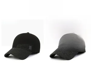 Detail showing winter baseball caps in black and grey with quilted texture and ear flaps