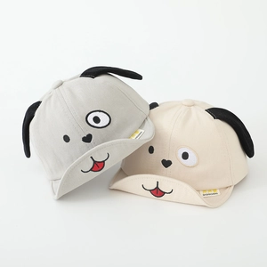 Cartoon dog baby soft brim baseball cap with plush ears in grey and beige cotton