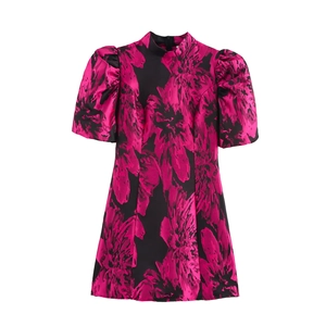Women Elegant Jacquard Floral Mini Dress Vintage Puff Short Sleeve Mock Neck A-Line Brocade Satin Party Dress