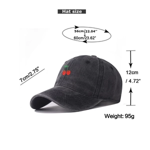 Size specifications for the washed cotton baseball cap with embroidered cherry detail