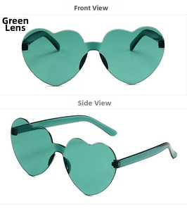 Vues de face et de profil de lunettes de soleil coeur sans monture vertes et noir
