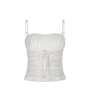White lace camisole top with ruffled bodice and delicate ribbon bow in front
