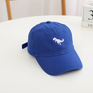 Gros plan détaillé d'une casquette en coton bleu avec broderie dinosaure blanche