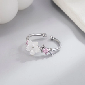 Minimalist silver open ring with shell cherry blossom and pink zircon inlay