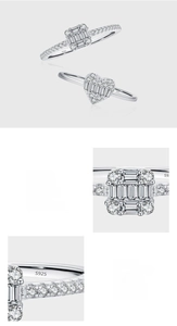 Close-up of S925 sterling silver ring featuring pave-set heart and square zircon stones