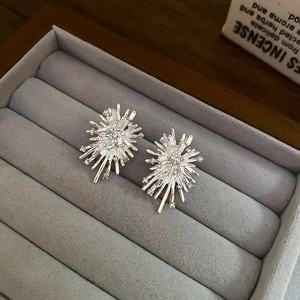 Detailed view of silver fireworks stud earrings with sparkling crystals in a jewelry box