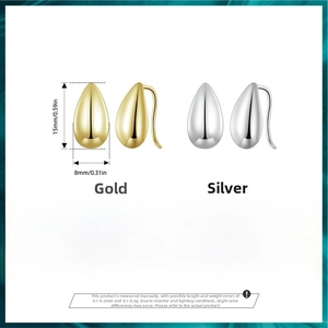 Detail showing 15x8mm sterling silver teardrop earrings with dimensions and materials