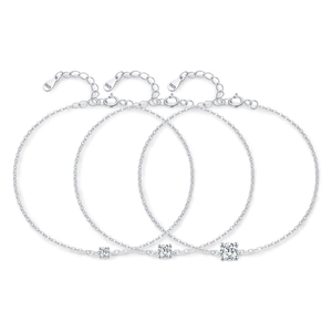 Three sparkling S925 sterling silver bracelets with square-cut moissanite stones on white