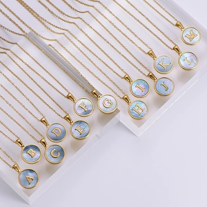 Golden 18k plated stainless steel necklace with blue shell alphabet pendant for women