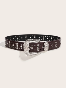 Western style dark brown faux leather belt featuring rhinestone butterfly buckle and star cutouts