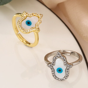 Hamsa Hand Evil Eye Adjustable Open Ring Copper Zircon Enamel Micro Pave Lucky Amulet Jewelry For Women