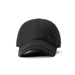 Classic black men's baseball cap in premium textured wool fabric with side metal plaque