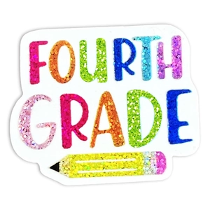 Detailed close-up of glittery fourth grade badge with a colorful pencil and sparkling text