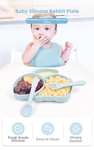Detail of blue rabbit silicone divided plate with strong suction base and cutlery set