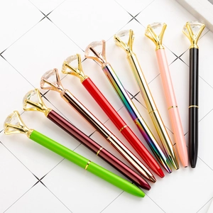Set of 9 colorful metal ballpoint pens with large crystal diamonds on top