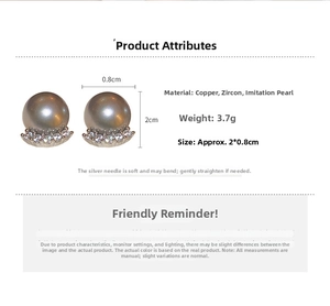 Detail view of crescent zircon inlay with grey pearls and silver needle earring parameters