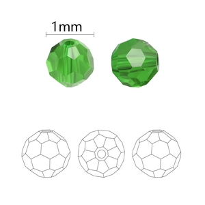 Green 1mm faceted crystal glass bead with technical drawings and multi-angle 32-cut view