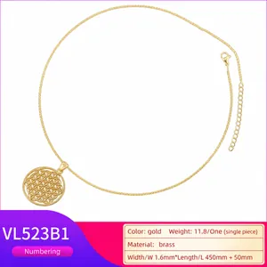 Vintage gold hollowed flower of life pendant necklace with woven chain for women
