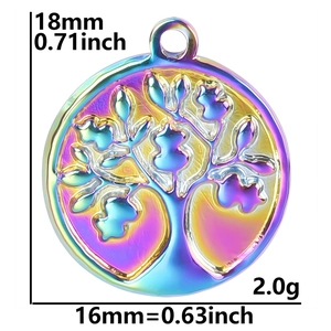 Detailed size view of rainbow plated stainless steel tree of life pendant showing 18mm height