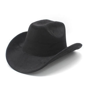 Classic black suede western cowboy hat with wide brim for men and women on white background
