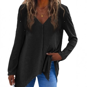 Women's black V-neck knit top featuring long sleeves and an asymmetrical hemline design