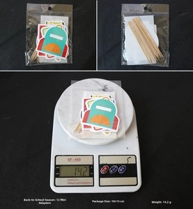 Detail of school bag cake toppers for classroom party decor showing weight and packaging size