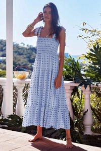 Detail of light blue plaid summer dress with smocked bodice and ribbon shoulder straps