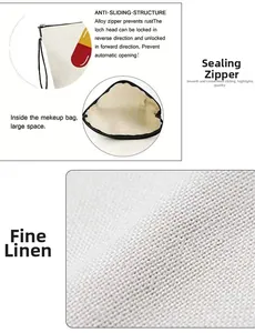 Detailed view of beige linen makeup bag with capsule print and alloy zipper closure