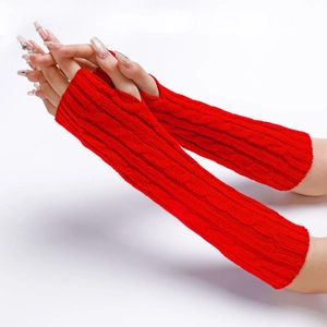 Detailed knit texture of 30cm red cable-knit fingerless gloves for winter warmth