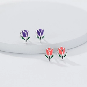 Elegant S925 sterling silver tulip stud earrings in purple and pink floral designs