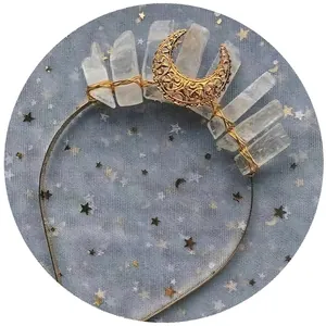 Handmade gold moon crown headband with raw crystals and celestial star mesh decor
