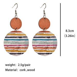 Bohemian cork and wood drop earrings with hand-painted colorful artistic stripe patterns