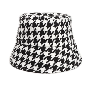 Classic black and white houndstooth bucket hat for women with warm winter fabric