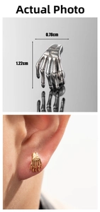 Gothic skeletal hand ear studs with size details and realistic model ear placement