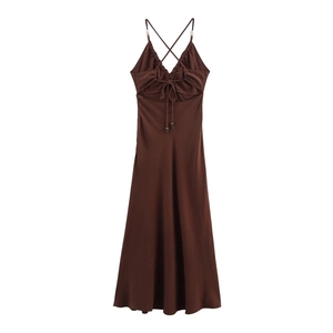 Brown linen-blend satin slip dress with cross-back tie straps and lustrous finish
