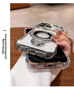 Detail of iPhone 17 case featuring MagSafe magnetic ring and foldable metal kickstand