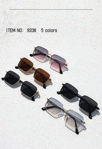 Flat lay of five color variants of square frame sunglasses with sleek metal temples
