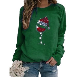 Women's dark green long sleeve sweatshirt featuring a festive Christmas wine glass print