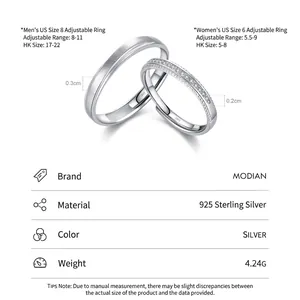 Pair of S925 sterling silver adjustable couple rings with brushed finish and diamonds