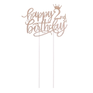 Roségoldener Glitzer Kuchenstecker happy 2nd birthday mit Krone für die Geburtstagsparty