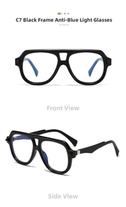 Front and side view of double-bridge aviator glasses with anti-blue light black frames