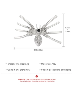 Detailed view of crystal spider brooch showing dimensions 5.3cm by 3.5cm on white backdrop