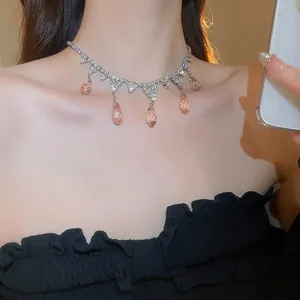 Sparkling zircon water drop tassel choker necklace with champagne crystals for women
